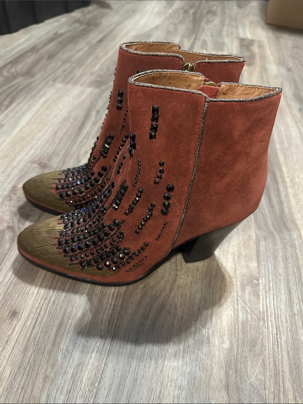 Donald J. Pliner Rust Suede Embellished Ankle Boots with Gold Toe - Picture 5 of 12